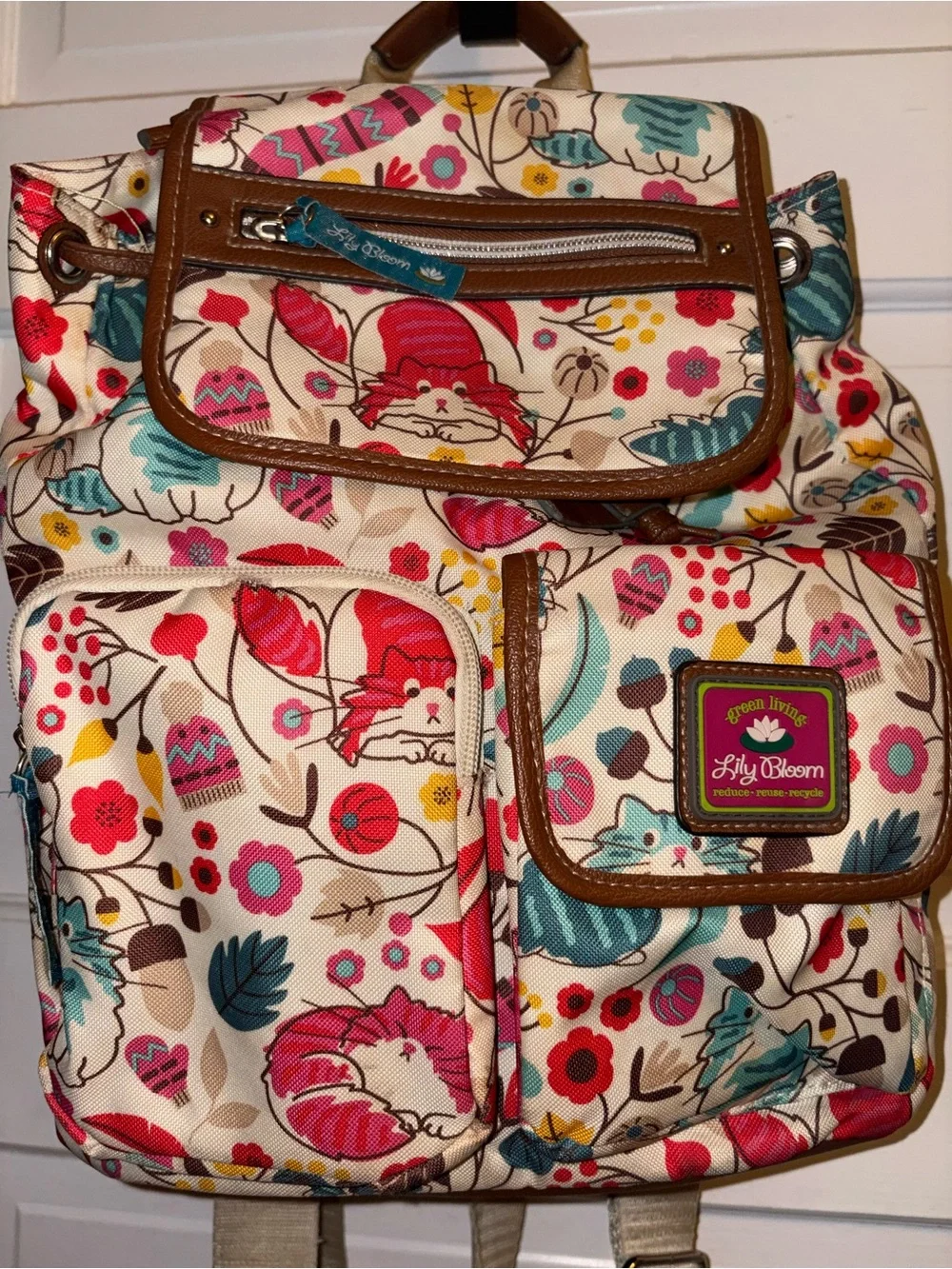Lily Bloom Cream Backpack with Pink, Teal & Brown Accents